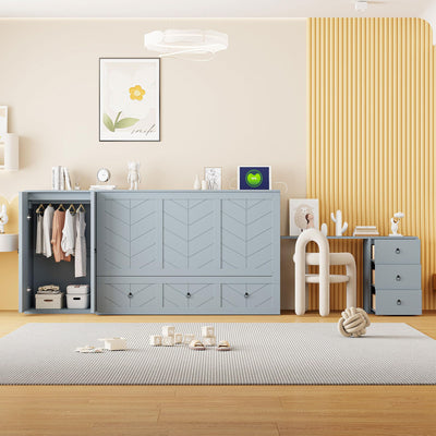 Harper & Bright Designs Queen Size Murphy Bed with Desk, Wooden Queen Murphy Bed with USB Port, Large Drawer and Wardrobe, Gray