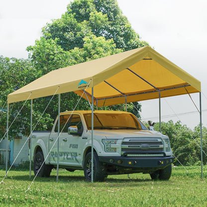 ADVANCE OUTDOOR 12x20 ft Heavy Duty Carport Potable Car Canopy Garage Party Tent Boat Shelter, Adjustable Height from 9.5 ft to 11 ft, Beige - WoodArtSupply