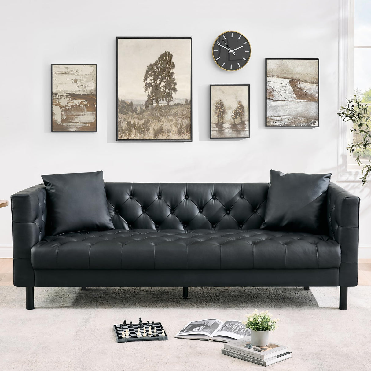 GarveeHome 78 in Couches for Living Room, Faux Leather Button-Tufted 3 Seater Sofa with 2 Pillows and Deep Seat, Mid Century Modern Upholstered Comfy Couch for Apartment, Office GarveeHome