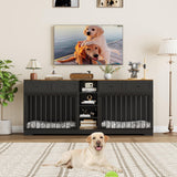 GarveeHome 82” Double Dog Crate Furniture, Large Dog Kennel Indoor for 2 Dogs, Heavy Duty Wooden Dog Crate TV Stand with 4 Drawers and Shelves, Black GarveeHome
