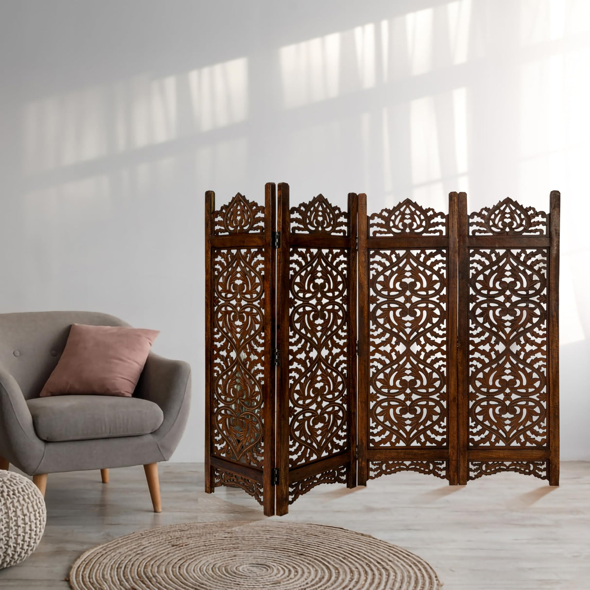 Light & Pro Wood Heart Design Handmade Hinged Foldable Partition 4 Panel Room Divider Screen with Intricately Carved Designs, Pre Assembled - Ready to Use - 48" x 1" x 64", Burnt Light & Pro