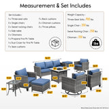 HOOOWOOO Patio Outdoor Conversation Set with Fire Pit Table,9 Piece Modern Outside Furniture with Swivel Rocking Chairs,PE Wicker Out Door Furniture Sofa and Ottoman Set(Denim Blue) HOOOWOOO