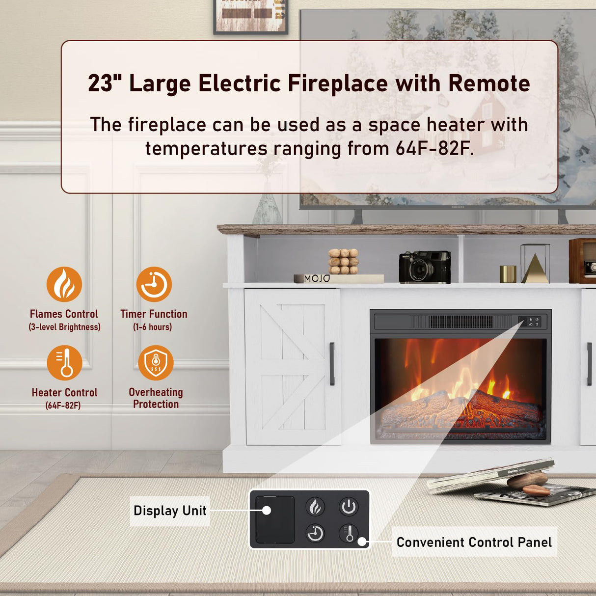 Luban Nese Fireplace TV Stand for TVs Up to 65" with 23" Electric Fireplace, Entertainment Center with Storage Cabinet and Open Shelves, Media Console with Barn Doors for Living Room (White) Luban Nese