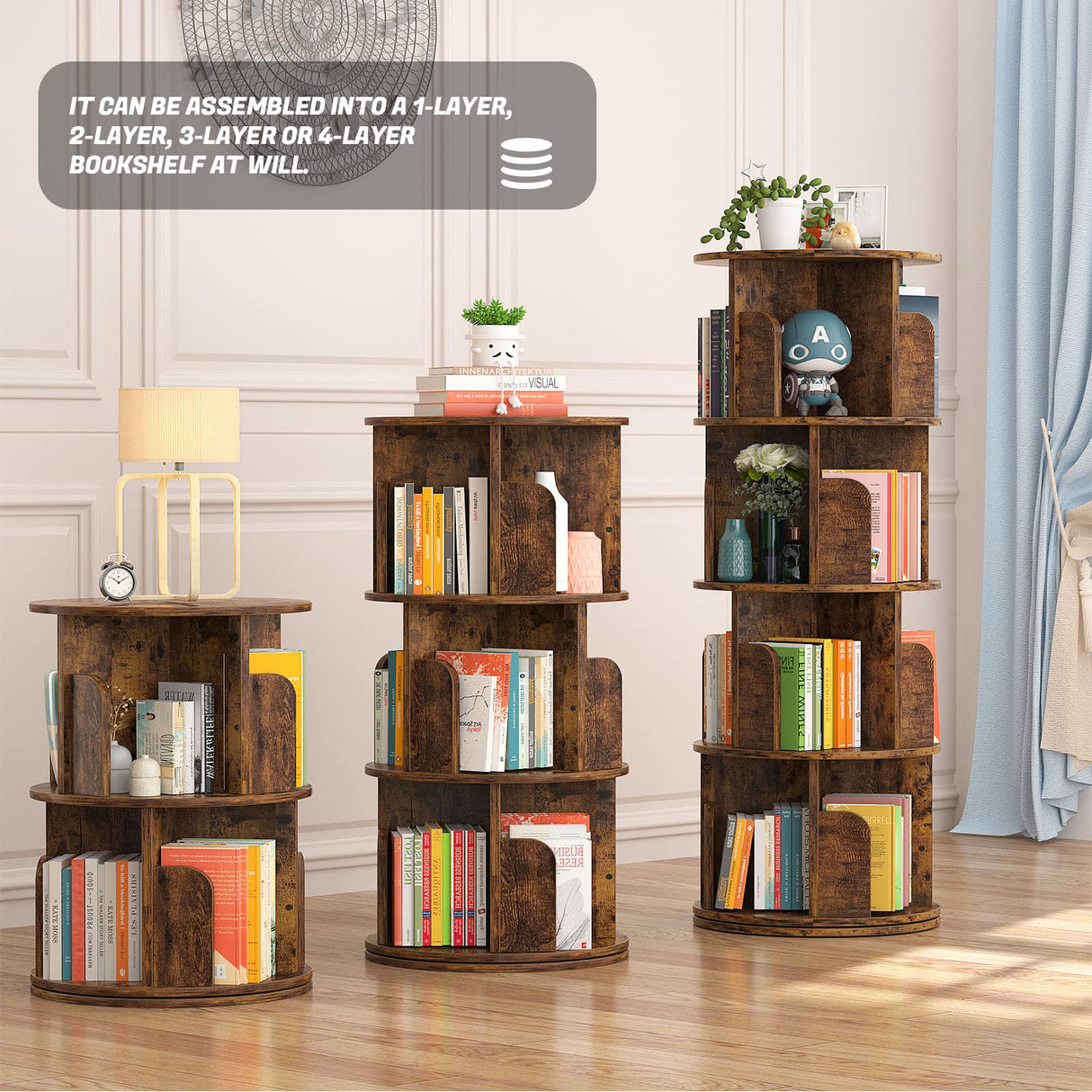 Aheaplus 360° Rotating Small Corner Bookshelf with 4 Tiers - Rustic Brown Sturdy Storage Rack for Limited Spaces Aheaplus