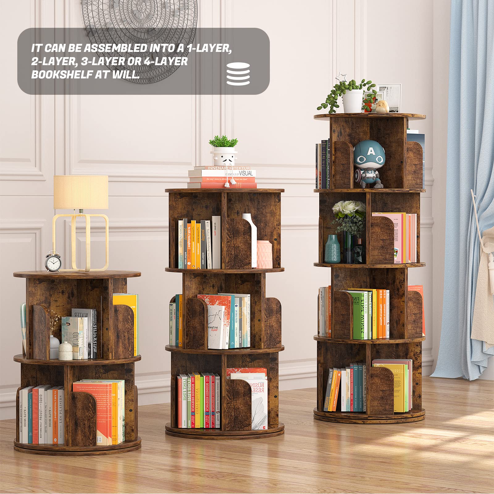 Aheaplus 360° Rotating Small Corner Bookshelf with 4 Tiers - Rustic Brown Sturdy Storage Rack for Limited Spaces - WoodArtSupply