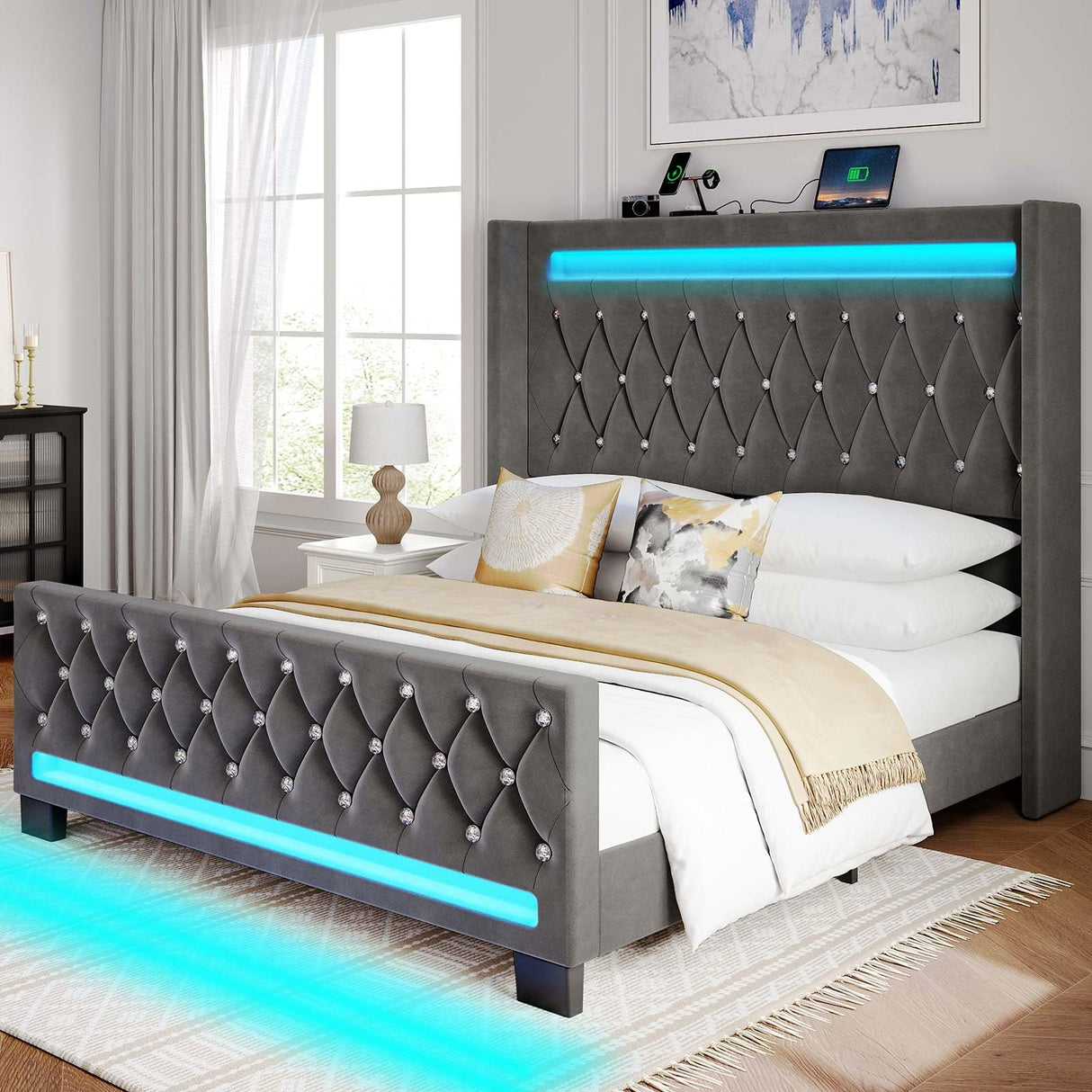 Rolanstar Queen Bed Frame with LED Light and Charging Station, Upholstered High Headboard and Footboard, Wood Slats, Noise Free, Easy Assembly, Grey Rolanstar