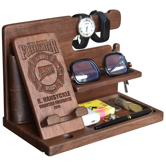 Gooin Global Personalized Firefighter States Departement Map Gifts for Men Who Have Everything - Handmade Luxury Wooden Desk Organizers Gift for Fireman. Anniversary Unique Gift Ideas - WoodArtSupply