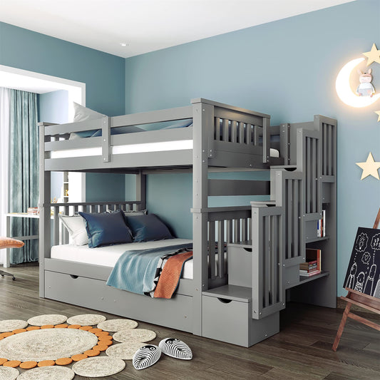 MERITLINE Gray Full Over Full Bunk Bed with Staircase and 6 Storage Drawers for Kids and Teens - WoodArtSupply