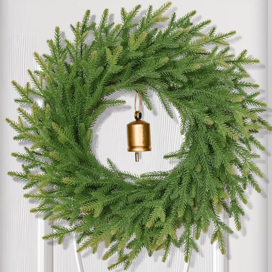 Christmas Wreath Decorations - 24" Norfolk Pine Wreath with Vintage Charm Cow Bell, Christmas Wreaths for Front Door, Christmas Door Wreath for Christmas Decor Indoor Outdoor Window Wall Decoration