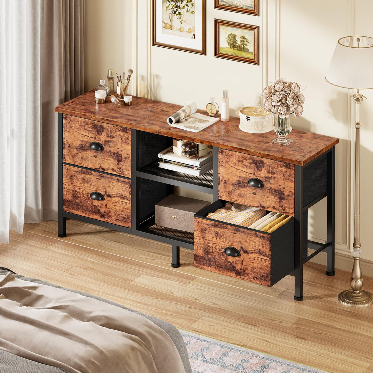 Furologee TV Stand Dresser with 4 Drawers, Small TV Console Table with Open Shelf, Entertainment Center for 50" TV, Industrial Media Center for Bedroom, Living Room, Rustic Brown Furologee