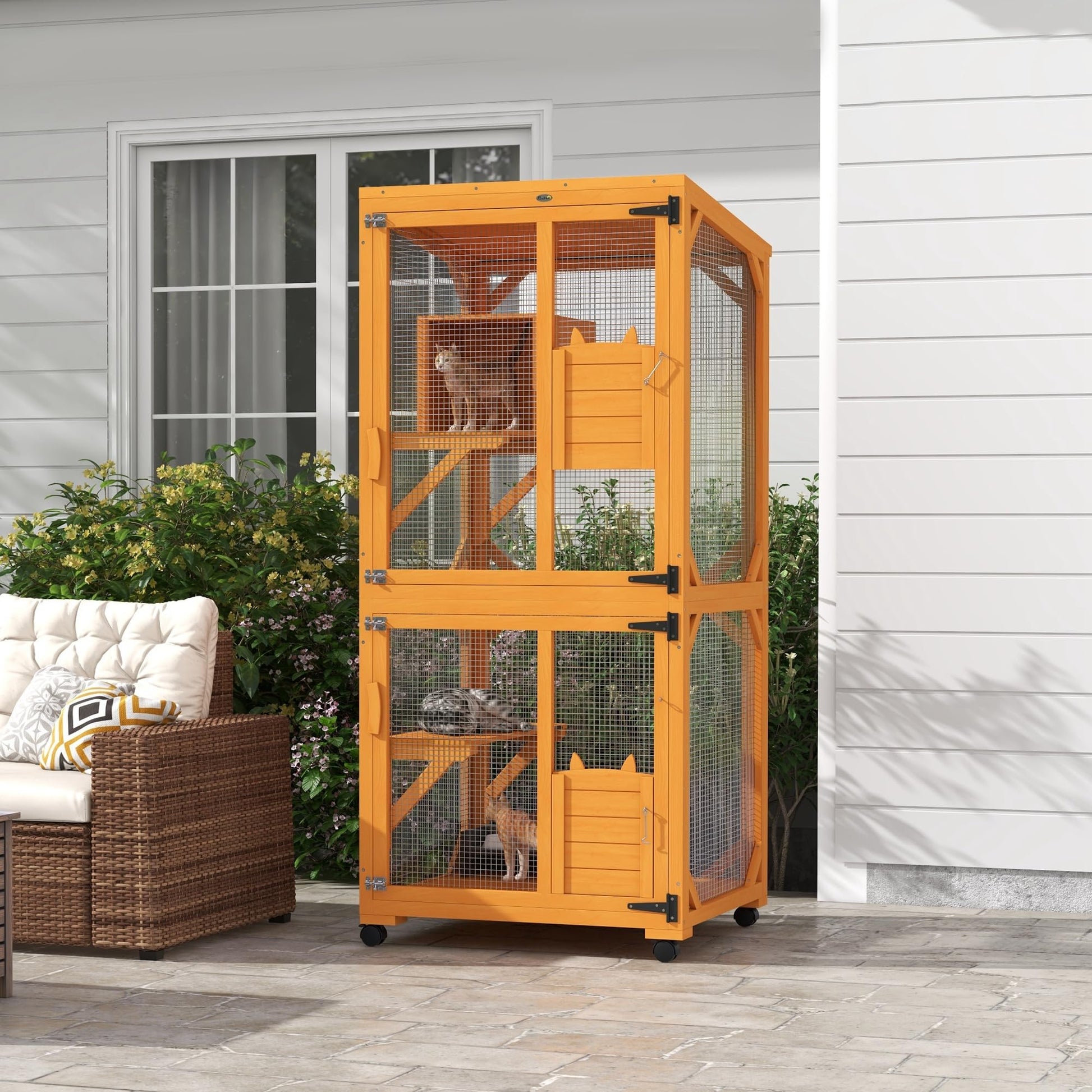 PawHut Wooden Catio with Waterproof Roof, Large Cat House with High-Up Resting Box, Indoor & Outdoor Cat Enclosure with Wheels, for 1-3 Cats, Orange - WoodArtSupply