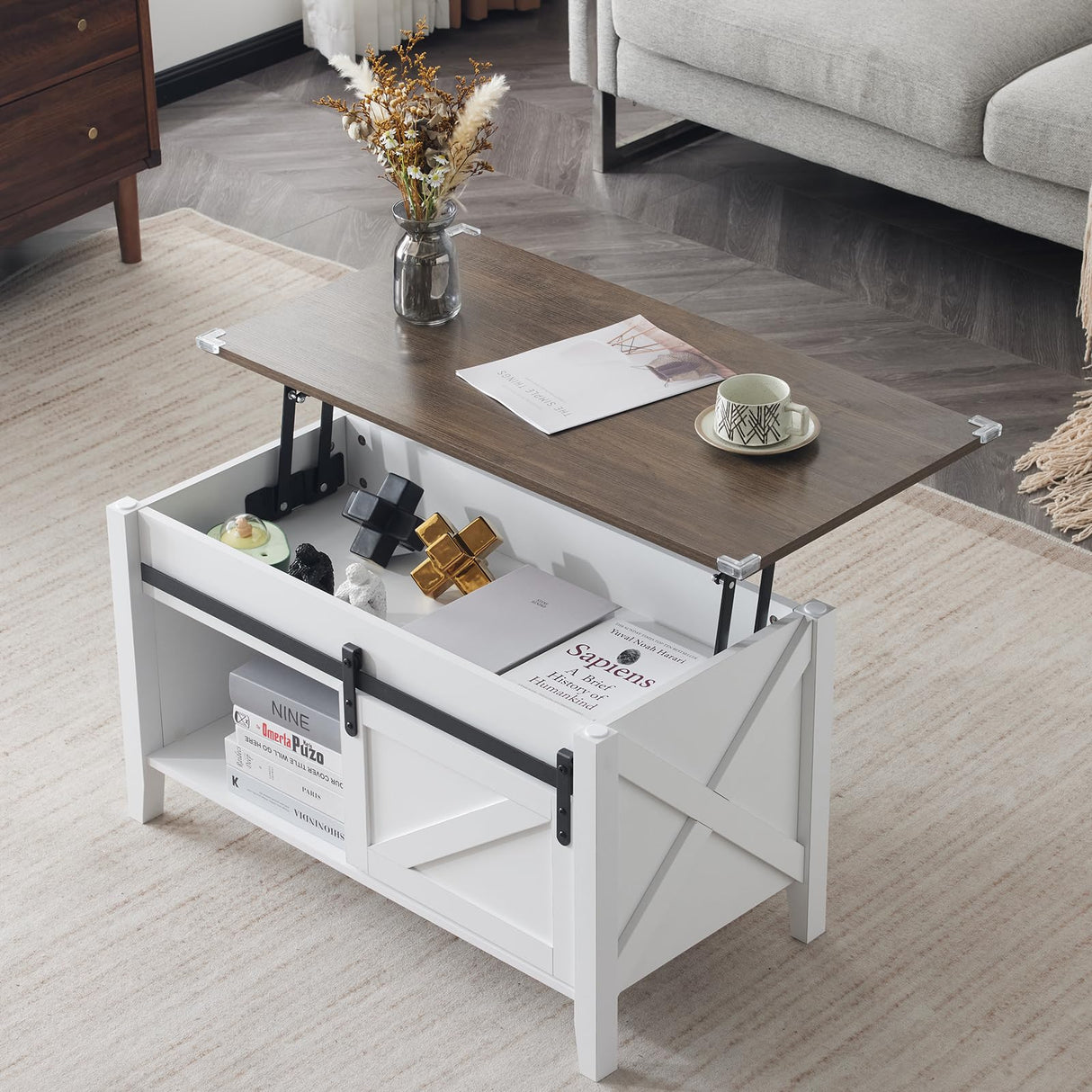 VINGLI White Oak Lift Top Coffee Table, 36" Small Farmhouse Barn Door Coffee Table with Storage, Rectangular Center Wood Coffe Table with Lifting Top,Lift Up Living Room Tables with Hidden Compartment VINGLI