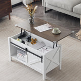 VINGLI White Oak Lift Top Coffee Table, 36" Small Farmhouse Barn Door Coffee Table with Storage, Rectangular Center Wood Coffe Table with Lifting Top,Lift Up Living Room Tables with Hidden Compartment VINGLI