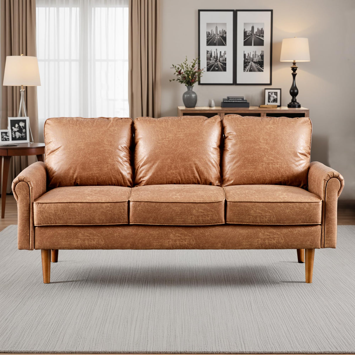 ovios 73.6" Luxury Sofa Couch, 3-Seater Comfy Suede Faux Leather Sofas Couches, Mid-Century Modern Neutral Deep Seat Small Cloud Sofa for Living Room Office, Brown ovios