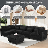130" Oversized Cloud Couch Large Modular Sectional Sofa Modern U Shaped Sectional Couch 6 Deep Seat Sofa Set for Living Room Comfy Plush Corduroy Cloud Sofa with Ottoman, USB Port, Cup Holder, Black ONEMMLION