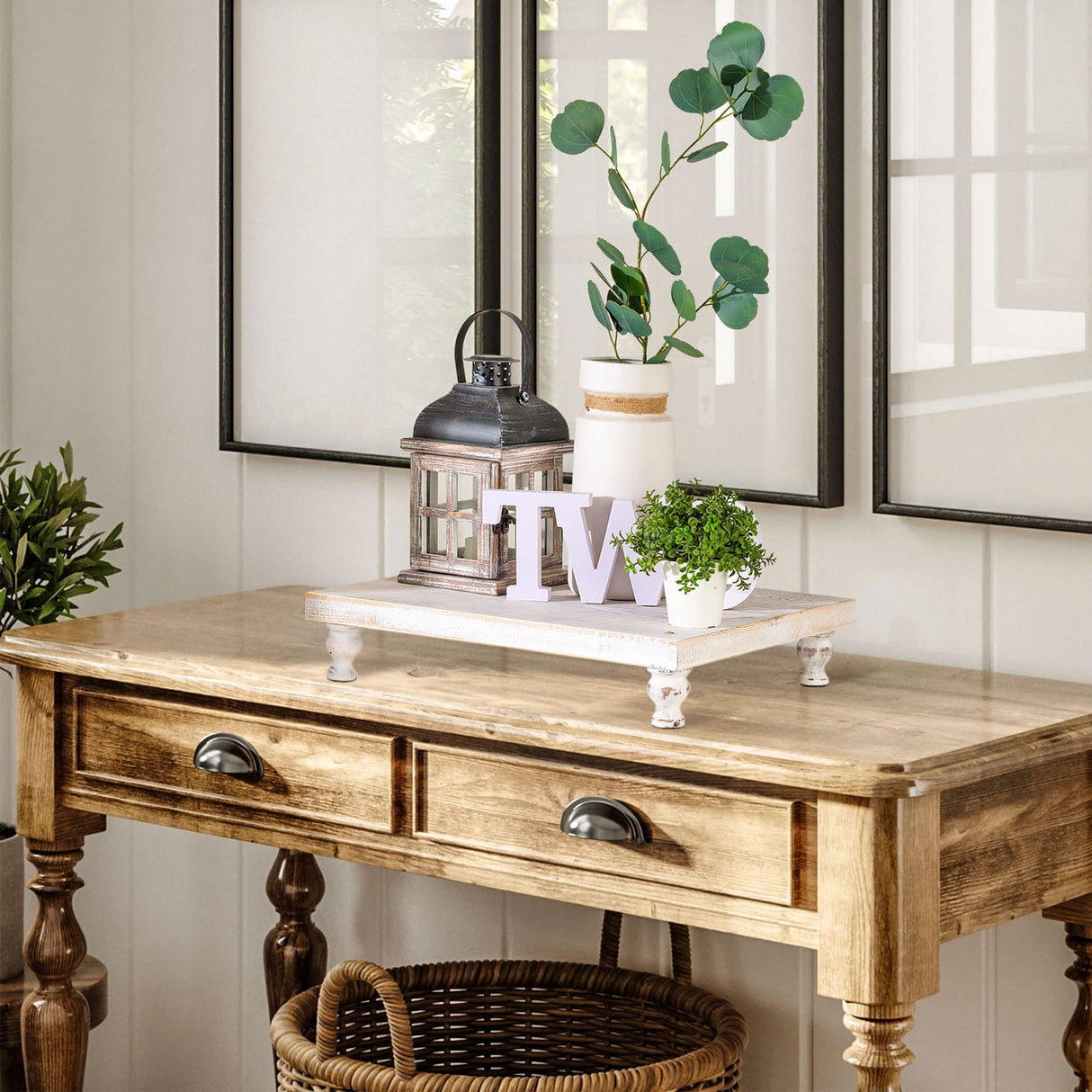 Hanobe Wooden Riser Decorative Tray: Farmhouse Wood Pedestal Display Stand Rustic Whitewashed Tray Riser Centerpiece for Coffee Bar Kitchen Dining Room Home Table Decor, Short & Tall Footed Hanobe