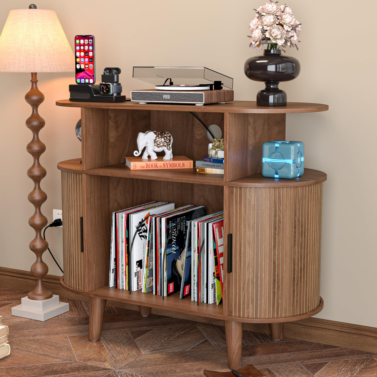 LUVIOHOME Large Round Record Player Stand with Charging Station & USB Ports，Record Storage Cabinet, Mid Century Modern Turntable Stand for Bedroom Living Room (Small Brown) LUVIOHOME