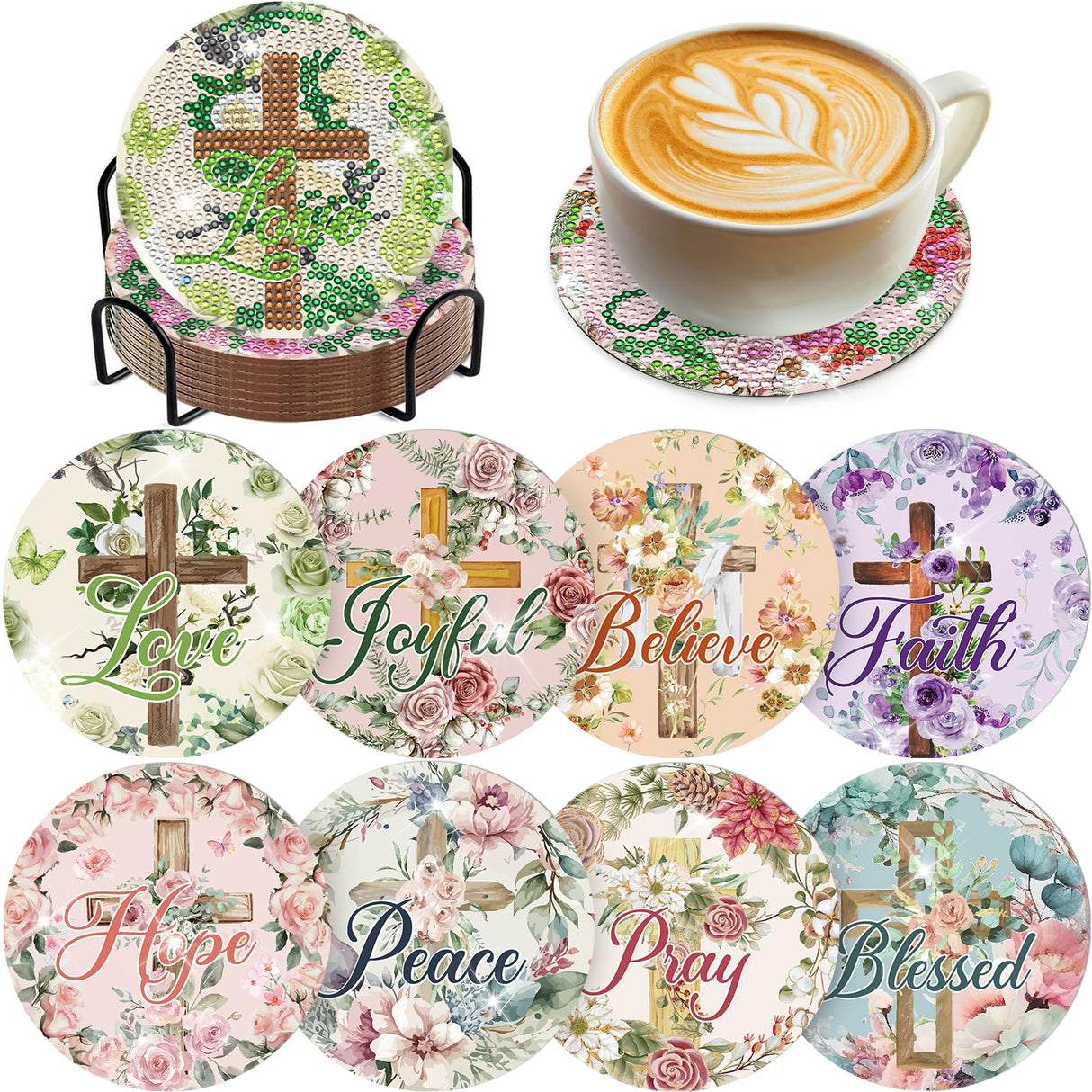Diamond Painting Art Coaster Kit - 8 PCS Cross Christian Diamond Art Coaster Set With Bible Verse Religious Gem Art Coaster Non Slip Diamond Painting Kits Inspirational Gift for Adults Beginners Xmas INCOK