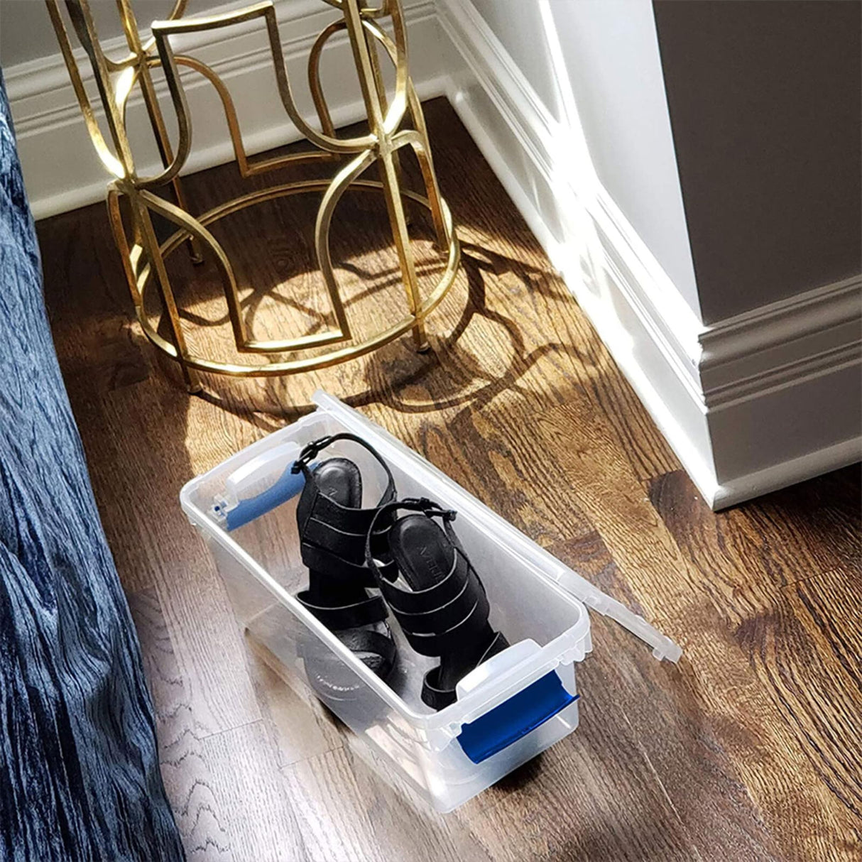 HOMZ 5-Pack Latching Lid, Clear Plastic Storage Organizer Bins, 7.5 Quart, Blue Latch - Stackable Organizing Containers for Home, Garage, and Office HOMZ