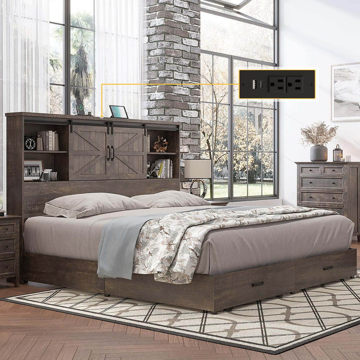 HOWE King Size Wood Platform Bed Frame with 51.2" Bookcase Headboard, Storage Bed with Sliding Barn Door Charging Station 2 Drawers, No Box Spring Needed/Farmhouse/Brown HOWE
