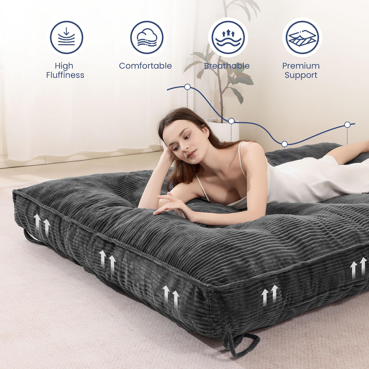 cidludto 8 Inch Queen Size Futon Mattress, Extra Thick Futon Sofa Bed Upgraded Japanese Floor Mattress Queen Floor Futons Mattresses with Tie Foldable Japanese Futon Mattress 8", Grey cidludto