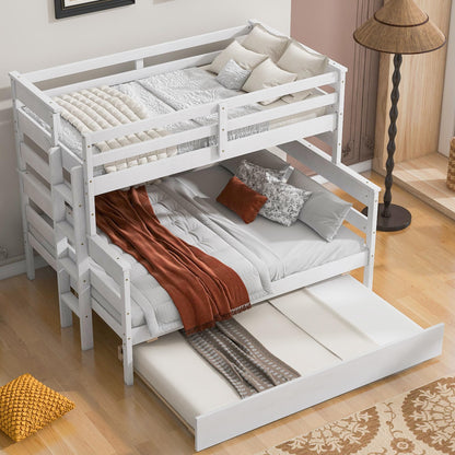 Linique Twin Over Full Bunk Bed with Trundle - White Wooden Frame, Ladder & Guardrails - WoodArtSupply