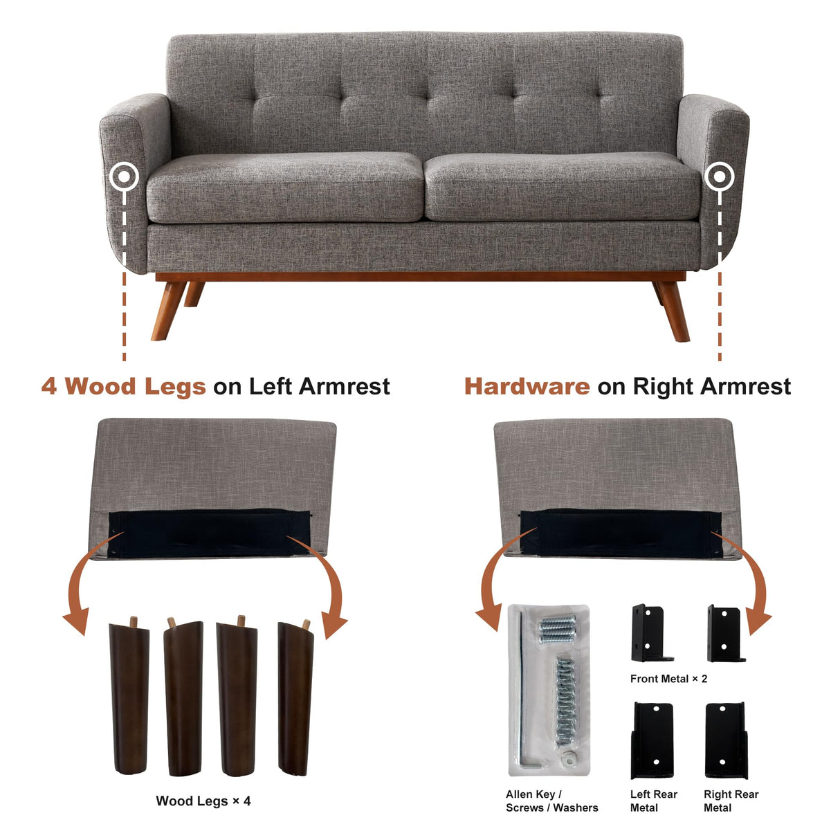 Kingfun 65.2" W Loveseat Sofa, Mid Century Modern Decor Love Seat Couches for Living Room, Button Tufted Upholstered Furniture, Solid & Easy to Install Small Couch for Bedroom Office Apartment, Grey Kingfun