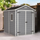 Keter Manor 6 x 8 Foot All Weather Garden Tool Outdoor Storage Shed Durable Resin Organizer with Lockable Double Doors and Fixed Window, Gray Keter