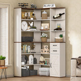 UPOSOJA 7-Shelf Farmhouse Corner Bookshelf with Lockers & Drawers, 71" L-Shaped Large Storage Shelf Display Rack for Bedroom, Living Room, Home Office (White Brown) UPOSOJA