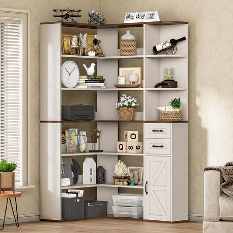 UPOSOJA 7-Shelf Farmhouse Corner Bookshelf with Lockers & Drawers, 71" L-Shaped Large Storage Shelf Display Rack for Bedroom, Living Room, Home Office (White Brown) UPOSOJA