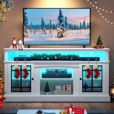 YITAHOME White TV Stand for 75 Inch TV, LED Modern Entertainment Center with Adjustable Shelves and Glass Doors, 32'' Tall Television Stands TV Media Console Table for Living Room, White YITAHOME