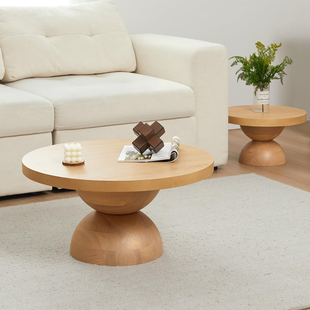 Solid Wood Round Nesting Coffee Table Set of 2, Circle Accent Tables with Unique Semi-Circular Legs, Mid Century Modern Side End Table Set for Small Space Living Room Office (Natural Oak) LEVNARY