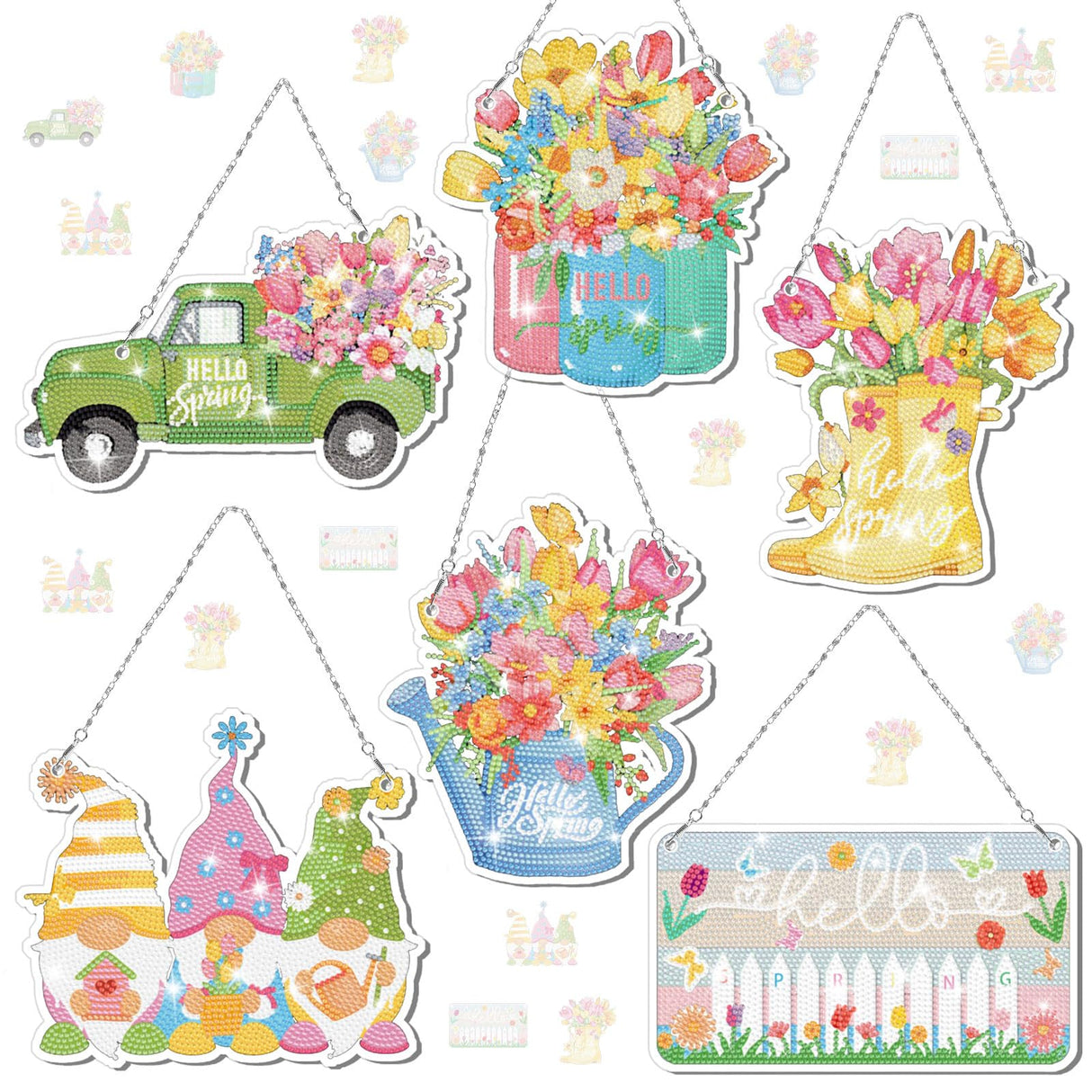 Chitidr 6 Pcs Diamond Painting Hanging Sign Set Gnome Art Kits DIY Crystal Paint Arts and Crafts Set 5d DIY Spring Ornaments Kits for Wall Door Window Decor Chitidr