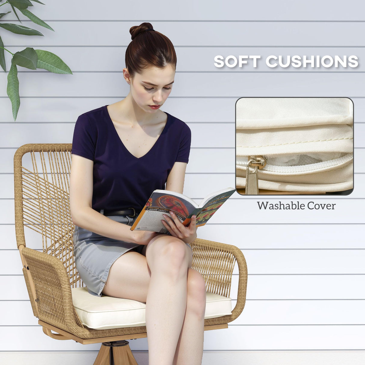 Outsunny Swivel Patio Chairs Set of 2, Rattan Outdoor Patio Dining Chairs with Soft Cushions and Metal Frame for Backyard, Lawn, Porch, or Garden, Khaki Outsunny