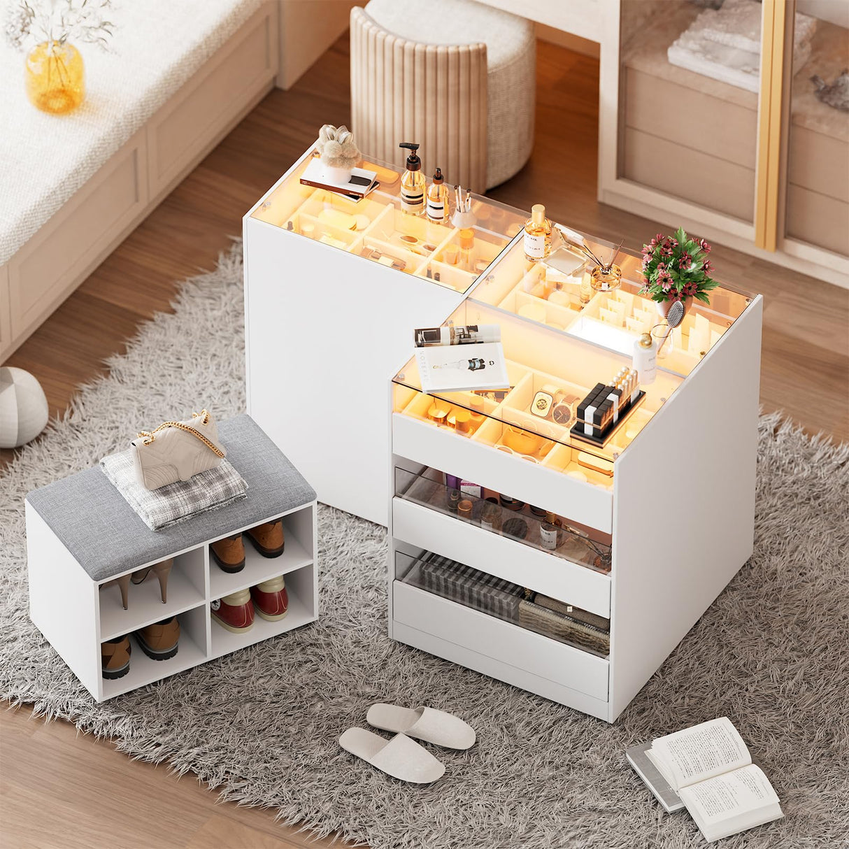 PakaLife Armoire Wardrobe Closet Island with 9 Drawers,Led Lights,Glass Tabletop,Bedroom Island with Jewelry Organizer,Storage Bench with Cushion,Island Dresser with Display Shelf for Fitting Room PakaLife