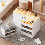 PAKASEPT Armoire Bedroom Island, Wardrobe Closet Island Dresser with Glass Showcase, Charging & 3 Color LED Light, Island Dresser with Bench, Walk in Wardrobe Furniture PAKASEPT