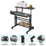 Panta Mobile Standing Desk, Adjustable Rolling Computer Desk with 3 Desktops, Portable Laptop Table with Desk Cup Holder, Home Office Laptop Workstation on Lockable Wheels, Black Panta