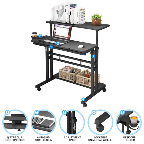Panta Mobile Standing Desk, Adjustable Rolling Computer Desk with 3 Desktops, Portable Laptop Table with Desk Cup Holder, Home Office Laptop Workstation on Lockable Wheels, Black Panta