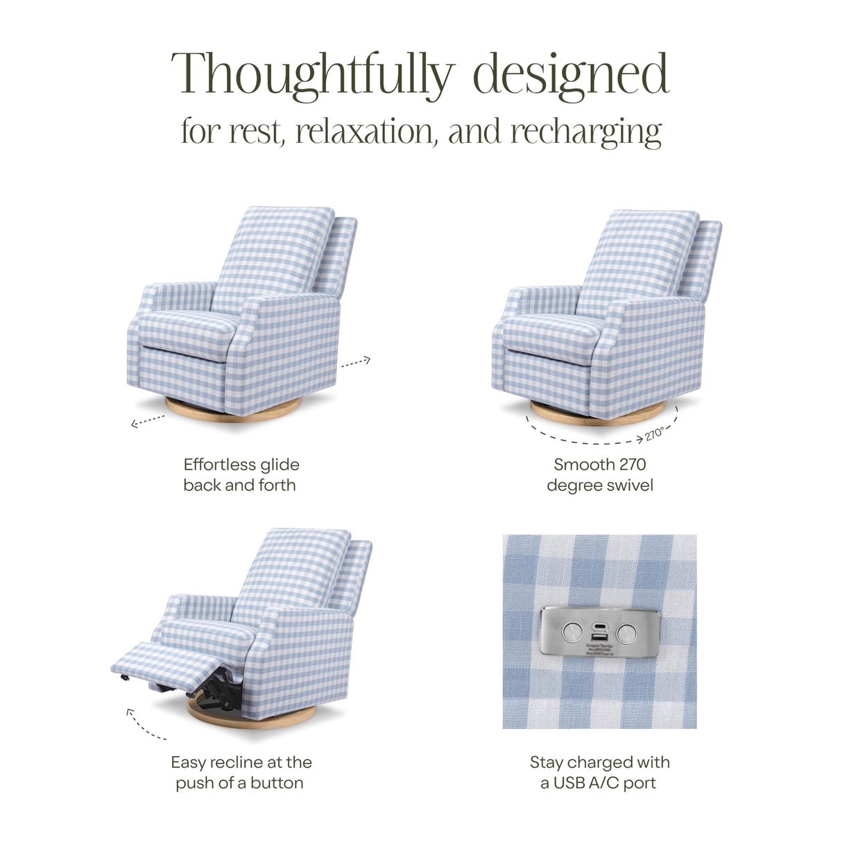NAMESAKE Crewe Electronic Recliner and Swivel Glider in Blue Gingham with Light Wood Base, Greenguard Gold & CertiPUR-US Certified NAMESAKE