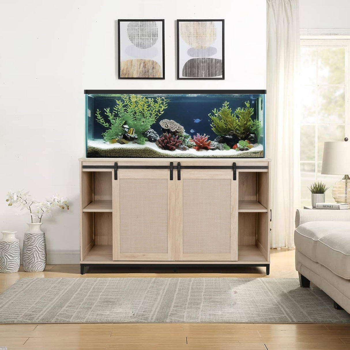 unipaws 50-70 Gallon Fish Tank Stand with Sliding Barn Door, Heavy-Duty Metal Frame Aquarium Stand with Cabinet, Reptile Tank Stand unipaws