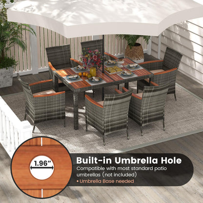 Tangkula 7 Pieces Outdoor Wicker Dining Set, Patio Dining Furniture Set with Acacia Wood Table and 6 Armchairs, Outdoor Table and Chairs Set with 1.96” Umbrella Hole and Cushions