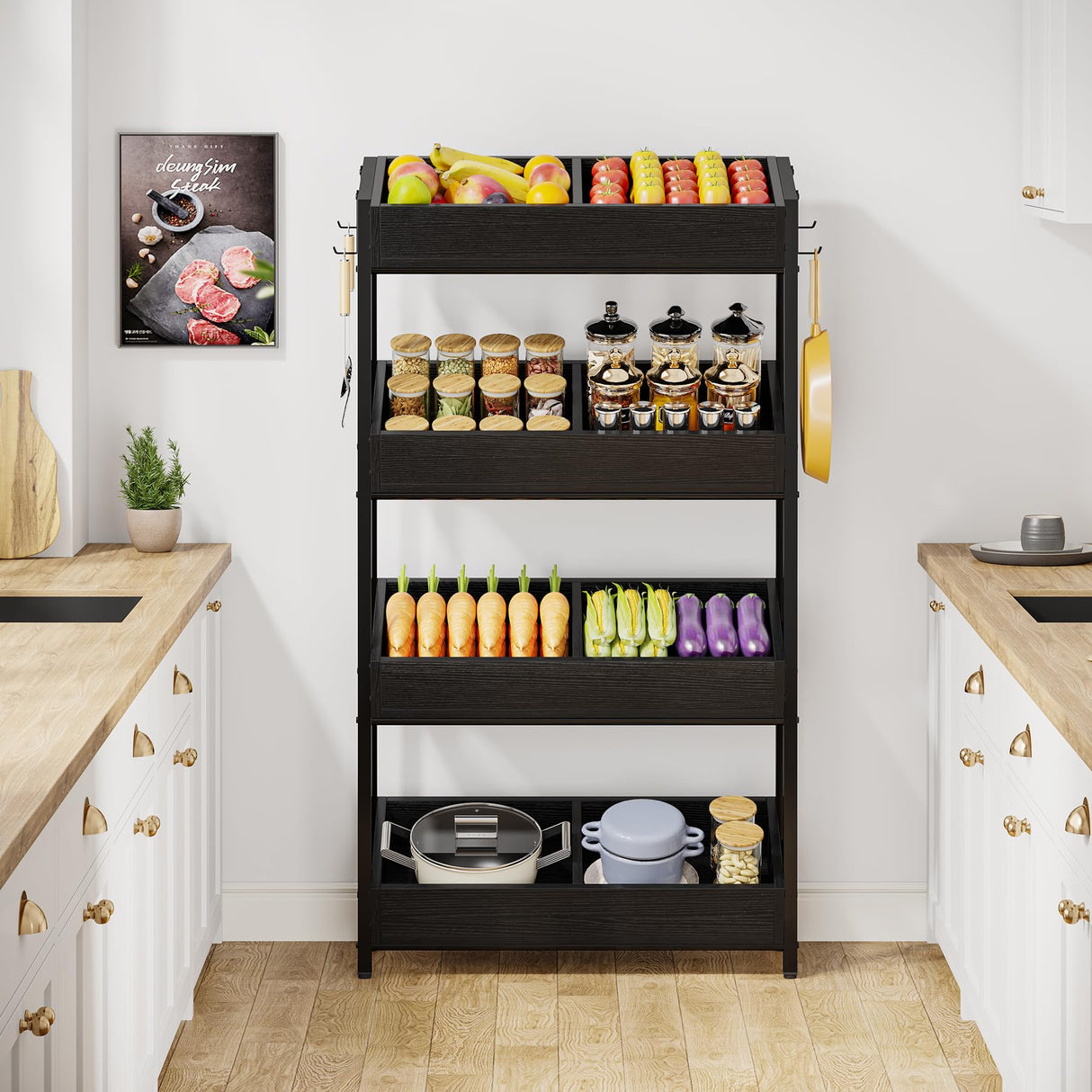 Tribesigns Wood Fruit and Vegetable Basket Stand Rack for Kitchen, Office, Store, Supremarket, Pantry Shelf Unit for Snacks, Cookies, Candies (Black, 1PCS) Tribesigns