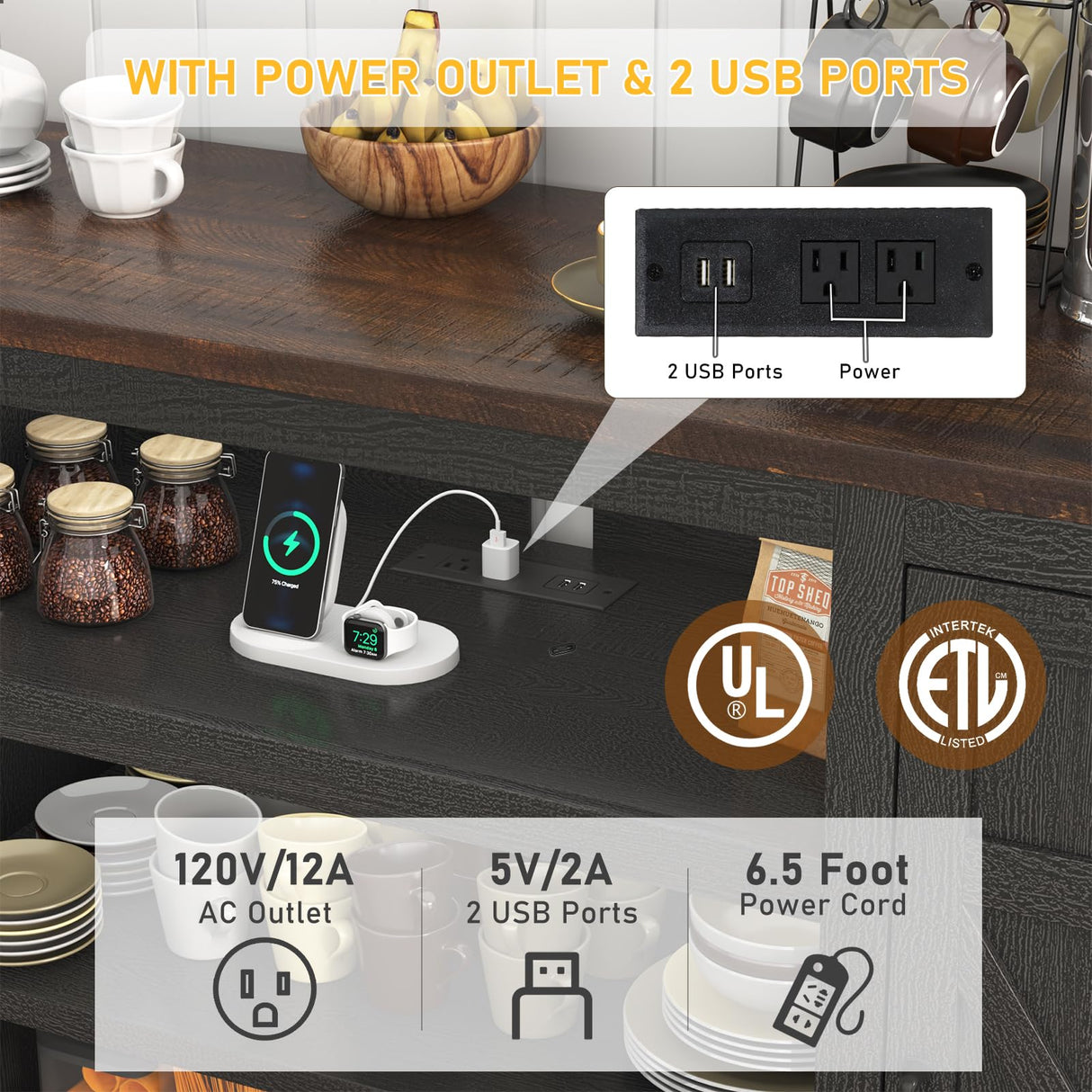 Hlivelood 66" Farmhouse TV Stand with Power Outlets for 75 65 Inch TVs, 33" Tall Entertainment Center with Storage Cabinets w/Adjustable Shelves, Rustic Large TV Media Console for Living Room, Black Hlivelood