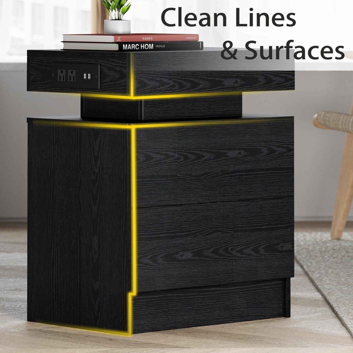 LIKIMIO Night Stand with Charging Station, Modern Black Nightstand with LED Light and Drawers, Bedside Tables/End Table for Bedroom - WoodArtSupply