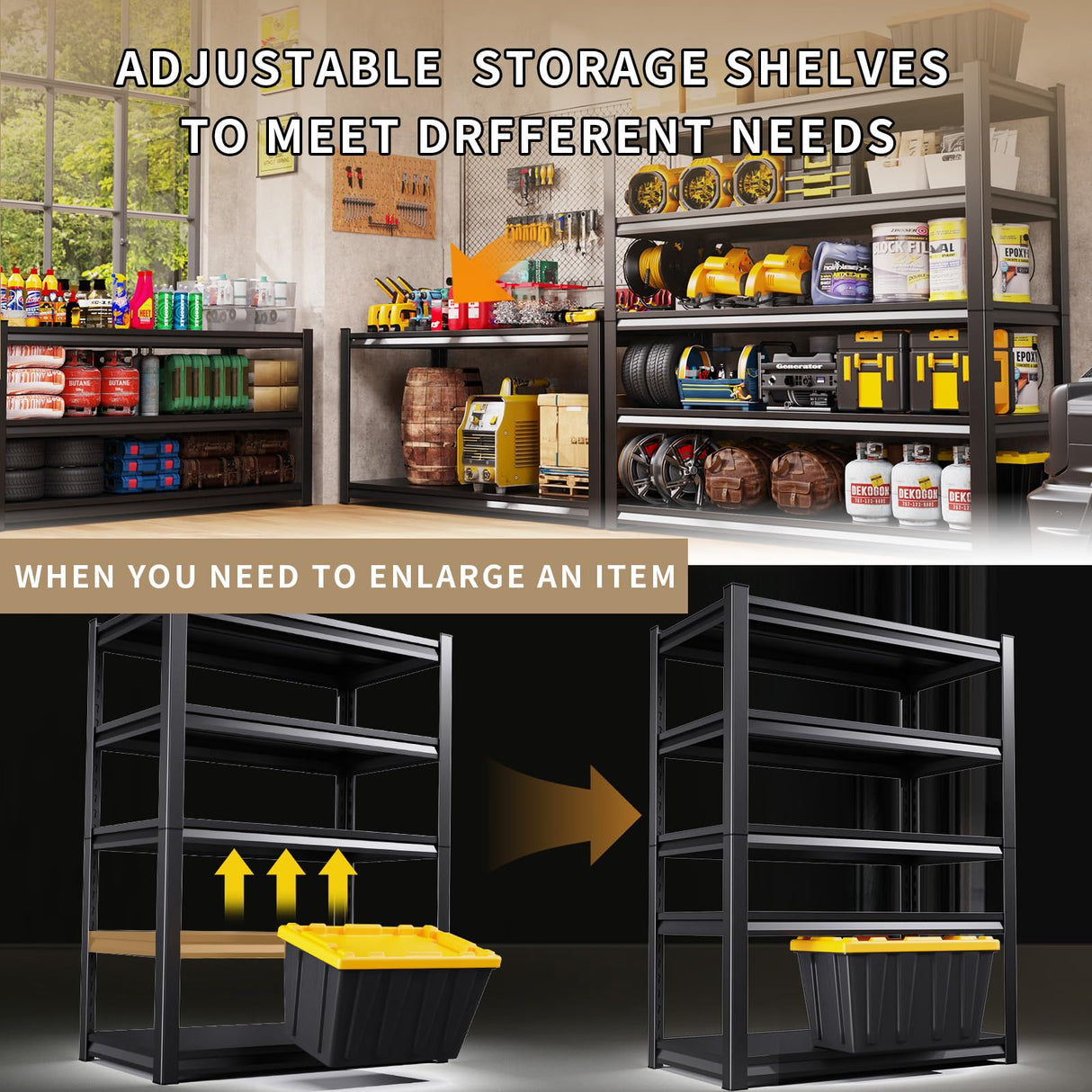 2 Pack Garage Shelving Heavy Duty Storage Shelves 3000LBS Adjustable Garage Shelves 5 Tier Metal Shelving Unit Utility Rack Shelf for Storage Kitchen Warehouse Pantry, Black,72" H x 59" W x 20" D AOJUFEO