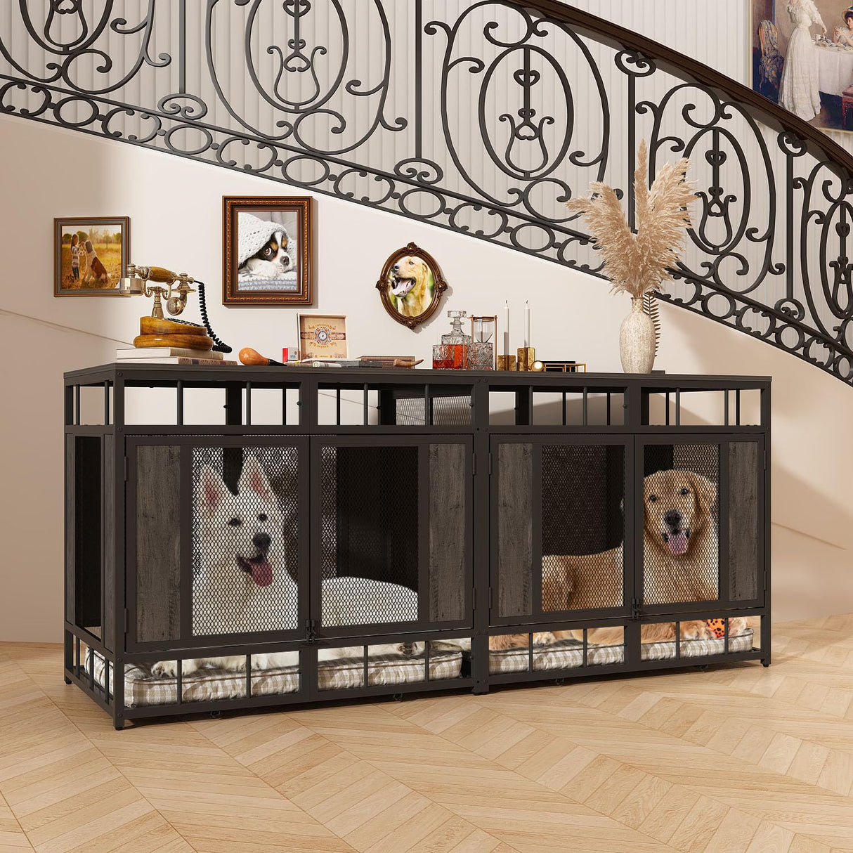 PIAOMTIEE 70.9" Large Double Dog Crate Furniture, Heavy Duty Wooden Iron Crate Kennel Furniture with Removable Divider for Small Medium Large Dogs, Rustic Brown+Black PIAOMTIEE