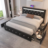 Benevika Queen Size Bed Frame with 4 Storage Drawers, Adjustable LED Headboard and USB Charging Station in Black PU Leather Benevika