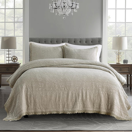 HORIMOTE HOME Stone-Washed Cotton Quilt King Size, Beige Jacquard Embossed Quilt Shabby Vintage Farmhouse Bedspread Coverlet with Crochet Edge, Soft Lightweight Bedding Set for All Season, 3 Pieces HORIMOTE HOME