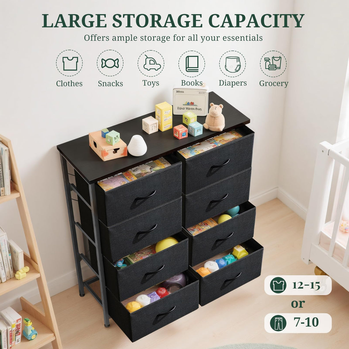 8-Drawer Dresser for Bedroom, Anti-Tip Tall Storage Organizer Chest of Drawers with Wooden Top and Metal Frame Fabric Bins for Closet, Living Room, Hallway, Entryway, Black SageNest
