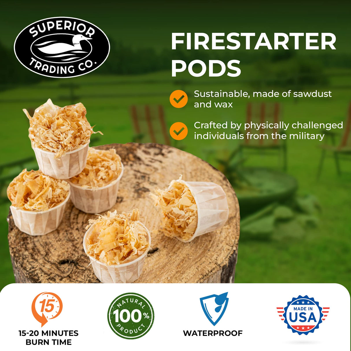 Superior Trading Fire Starter Pods in Plastic Bucket - Fire Starters for Campfires, BBQ, Grill, Pit, Wood Stove & Charcoal Starter, 15-20-Min Burn, 50 Extra Large Pods, USA Made, Brown, 3 Lbs Superior Trading Co.